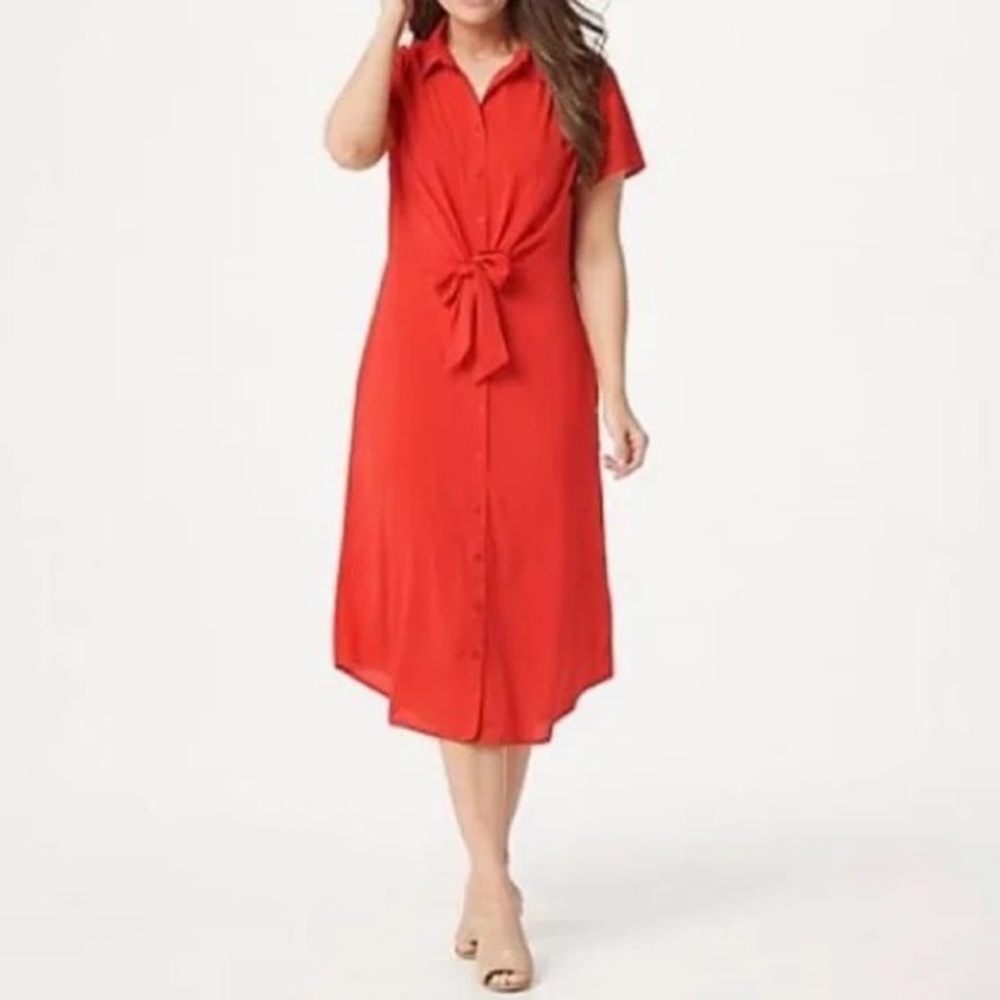 Du Jour Button front shirt tie dress with pockets and a red slip.  2 for 1